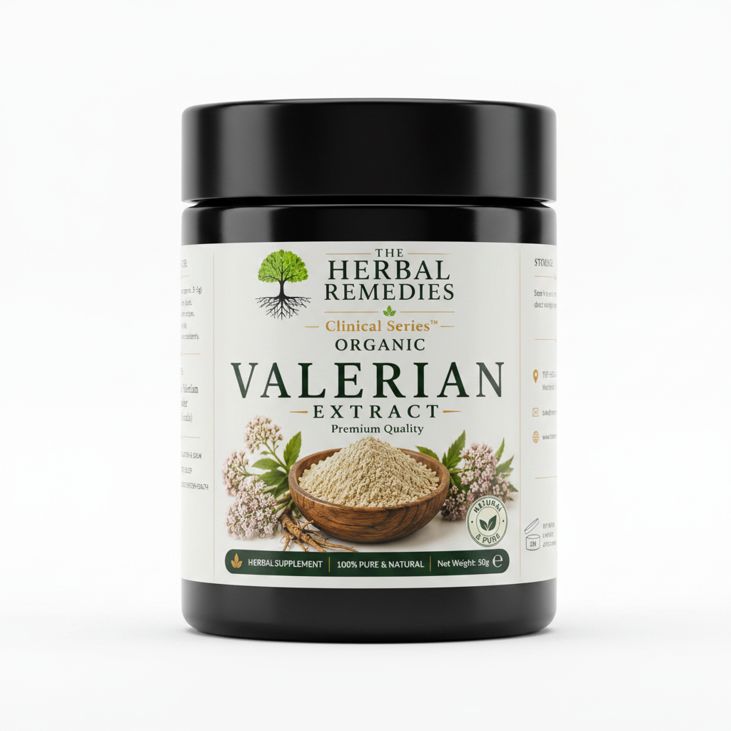 Label of Herbal Remedies Organic Valerian Extract with ingredients and storage information.