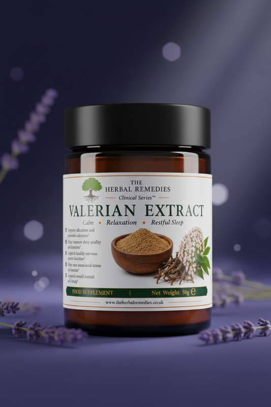 Premium Valerian Root Extract traditionally used to support relaxation, restful sleep and evening wellbeing. Valeriana officinalis botanical extract.