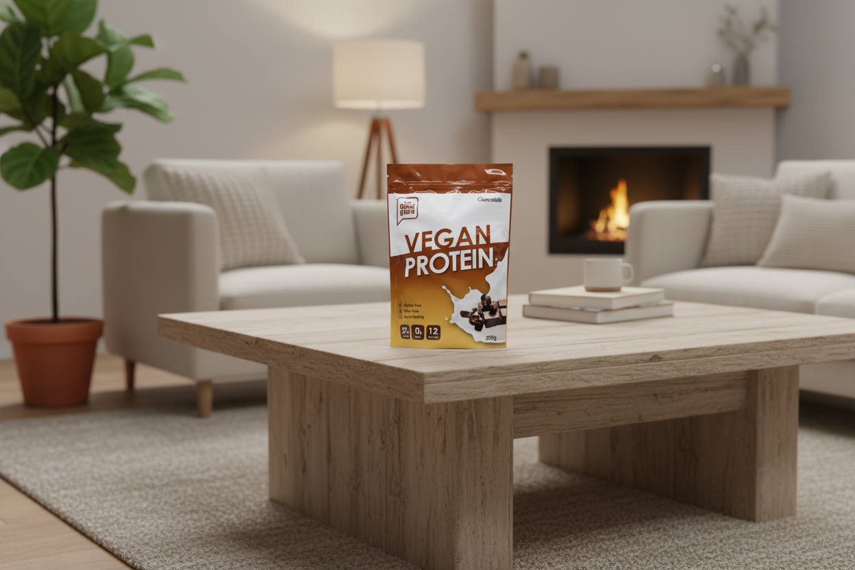 Vegan protein package with chocolate flavor from The Good Guru.