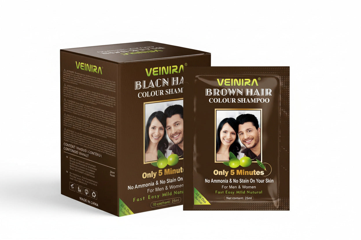 Veinira Black Hair Colour Shampoo packaging on a white background