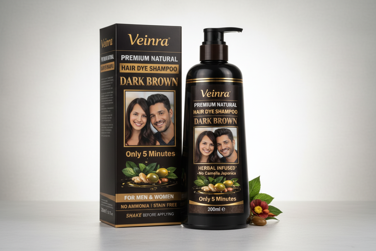 Veinra Premium Natural Hair Dye Shampoo Dark Brown packaging and bottle on a dark background