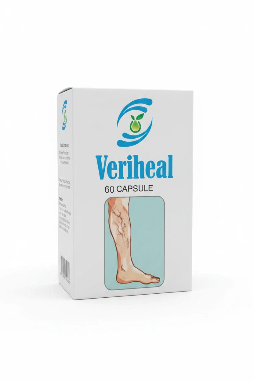 Veriheal capsules with an illustration showing a person's leg with varicose veins.