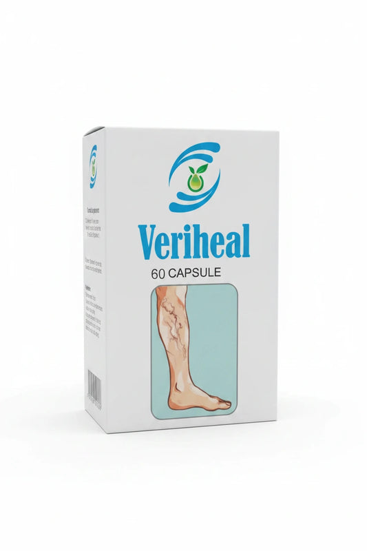 Veriheal capsules with an illustration showing a person's leg with varicose veins.