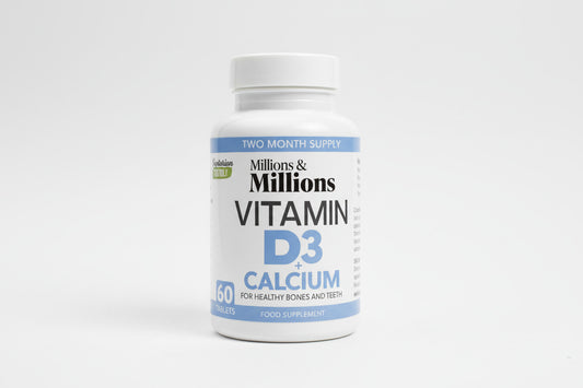 Bottle of Millions & Millions Vitamin D3 + Calcium supplement on a beige surface