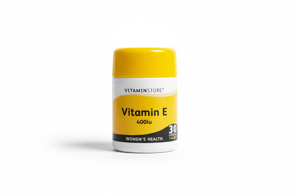 Vitamin E supplement bottle with yellow cap and white body on a light gray background