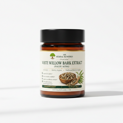 A product information card for 'The Herbal Remedies' White Willow Bark Extract (Salix Alba). The card features a black background with green and white text, a small illustration of a tree, a bowl of dried bark, and green willow branches, alongside fields for suggested use, ingredients, and order details.