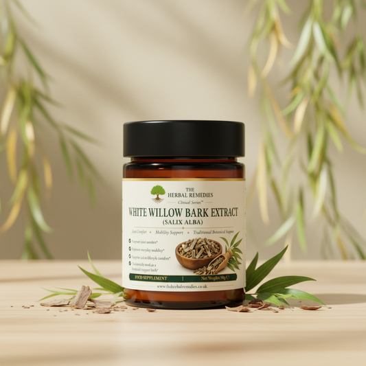 A product information card for 'The Herbal Remedies' White Willow Bark Extract (Salix Alba). The card features a black background with green and white text, a small illustration of a tree, a bowl of dried bark, and green willow branches, alongside fields for suggested use, ingredients, and order details.