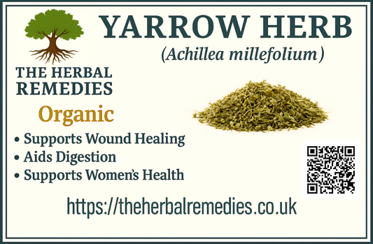 Premium yarrow herb (Achillea millefolium) traditionally used in herbal teas to support digestion, seasonal balance, and daily wellness.