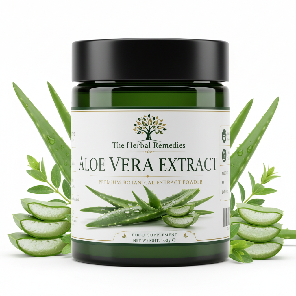A product label for Aloe Vera Extract by The Herbal Remedies, featuring a dark green background with white text, a tree logo, ingredient illustrations, and a barcode.