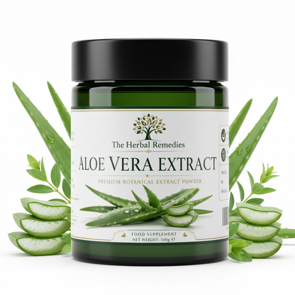 A product label for Aloe Vera Extract by The Herbal Remedies, featuring a dark green background with white text, a tree logo, ingredient illustrations, and a barcode.