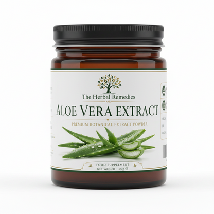 A product label for Aloe Vera Extract by The Herbal Remedies, featuring a dark green background with white text, a tree logo, ingredient illustrations, and a barcode.
