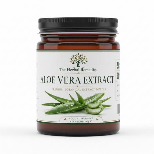 A product label for Aloe Vera Extract by The Herbal Remedies, featuring a dark green background with white text, a tree logo, ingredient illustrations, and a barcode.