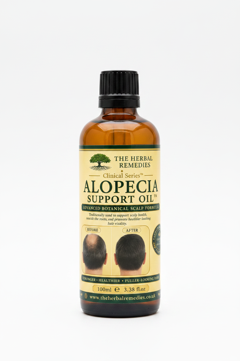 Bottle of Alopecia Support Oil with label on a white background
