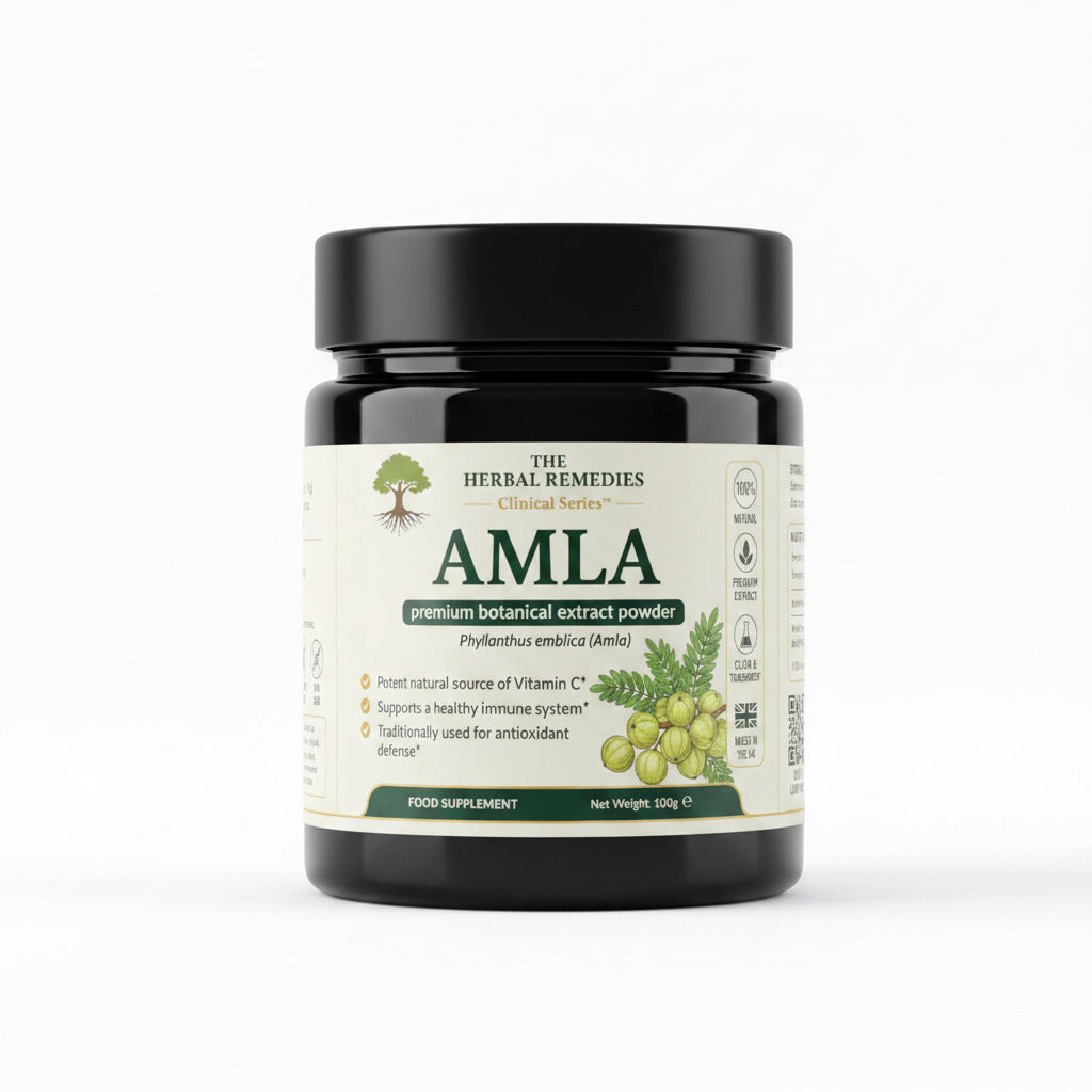 Label of Amla premium botanical extract powder with ingredients and nutritional information.