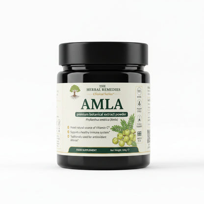 Label of Amla premium botanical extract powder with ingredients and nutritional information.