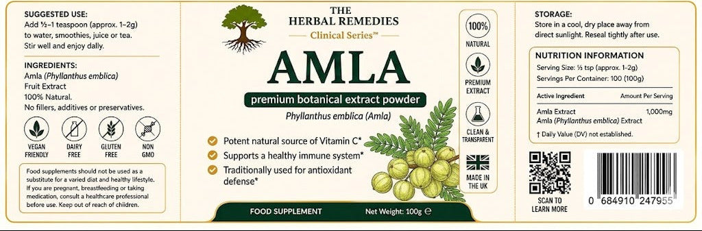 Label of Amla premium botanical extract powder with ingredients and nutritional information.