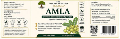 Label of Amla premium botanical extract powder with ingredients and nutritional information.