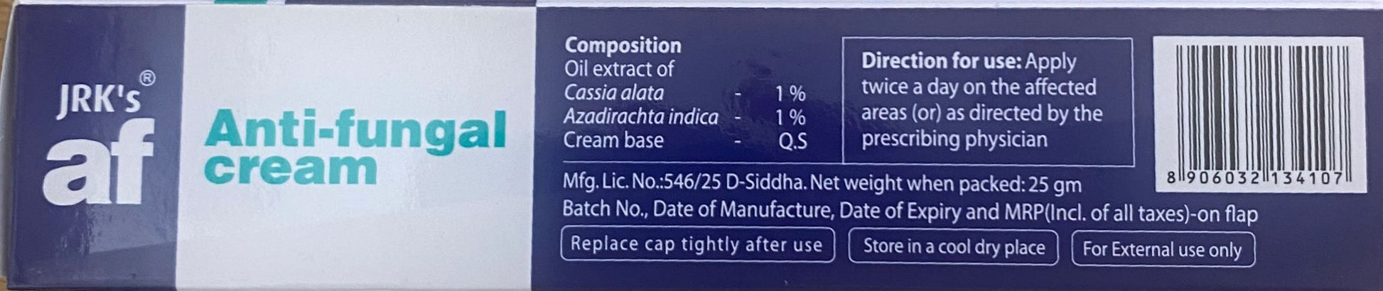 Box of JRK's Anti-fungal cream with label details.
