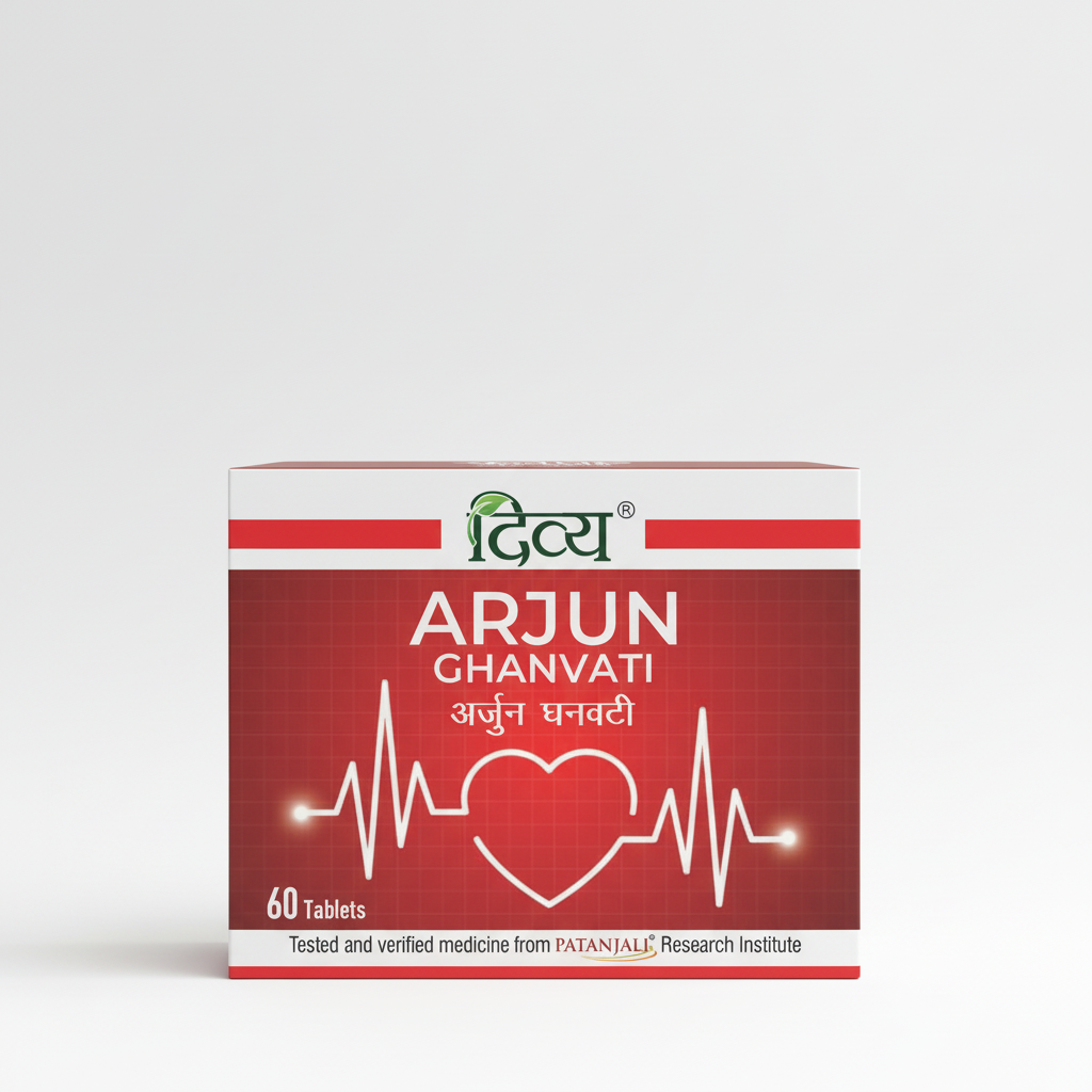 Box of Arjun Ghanvati with heart design and Patanjali logo on a red background