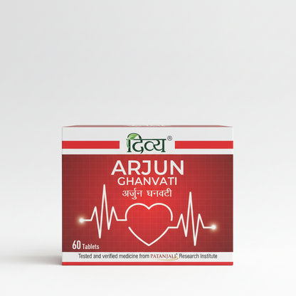 Box of Arjun Ghanvati with heart design and Patanjali logo on a red background