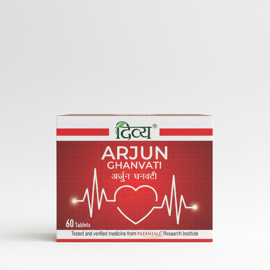Box of Arjun Ghanvati with heart design and Patanjali logo on a red background