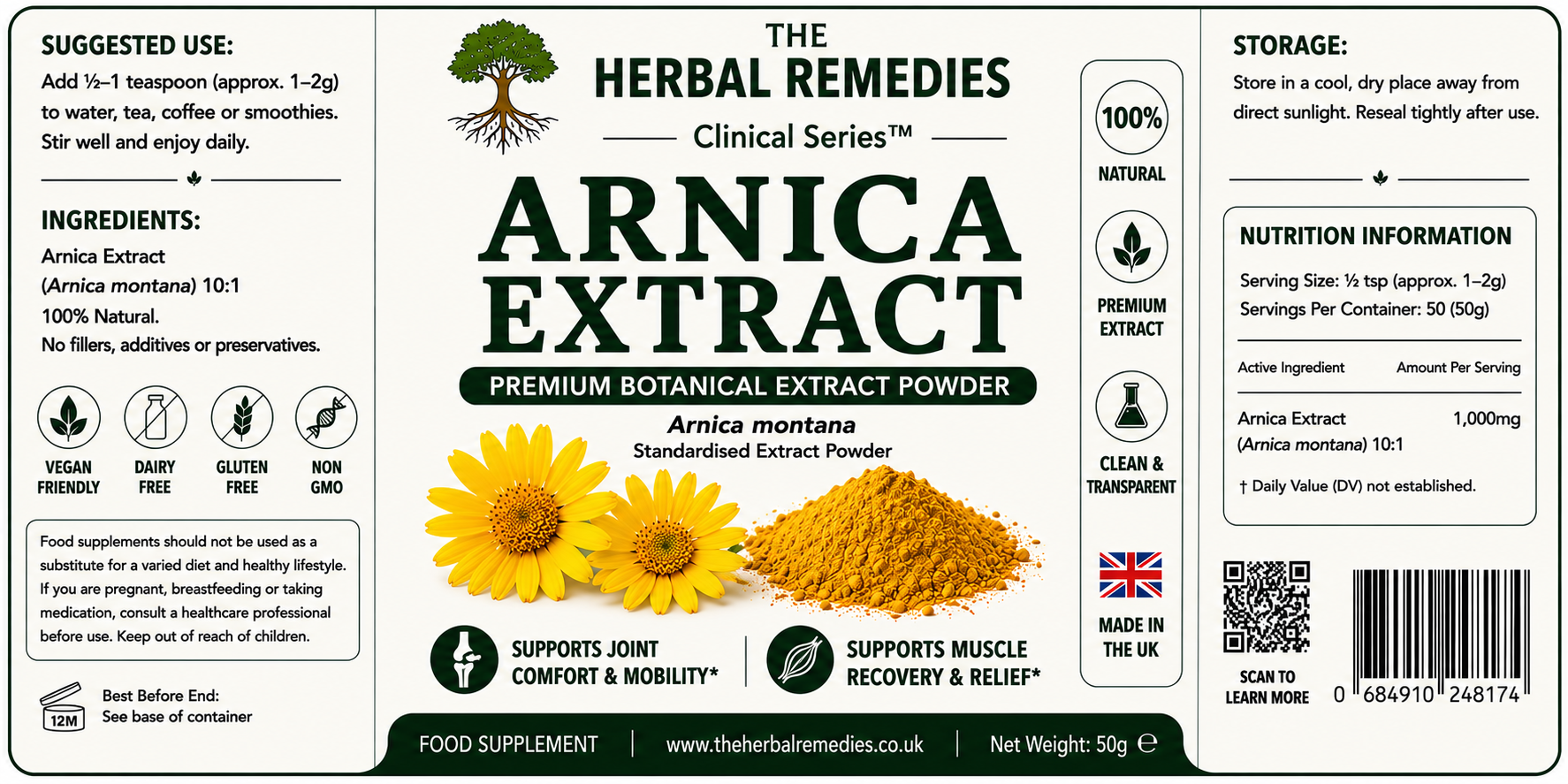 Label of Arnica Extract from The Herbal Remedies Clinical Series with ingredients, uses, and storage information.