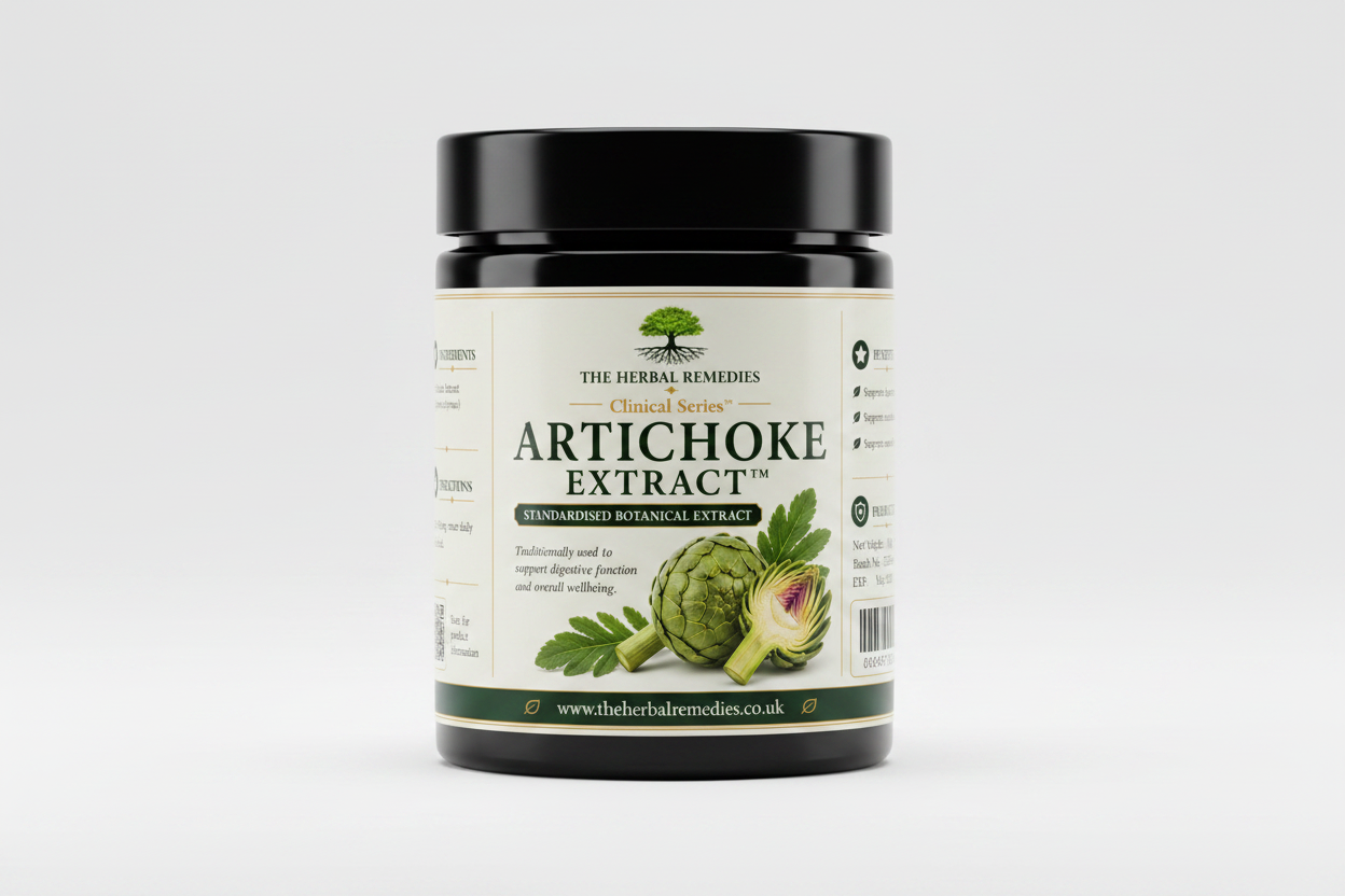 Label of Artichoke Extract from The Herbal Remedies with product details and benefits.