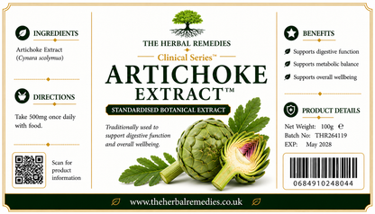 Label of Artichoke Extract from The Herbal Remedies with product details and benefits.