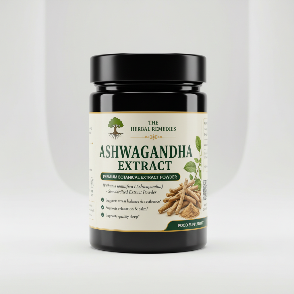 Label of Ashwagandha Extract powder from The Herbal Remedies brand