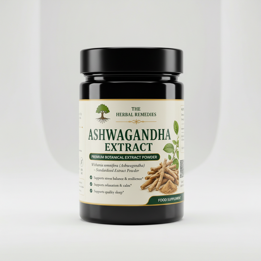 Label of Ashwagandha Extract powder from The Herbal Remedies brand