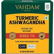 Vahdam India Turmeric Ashwagandha tea package with yellow and red design.