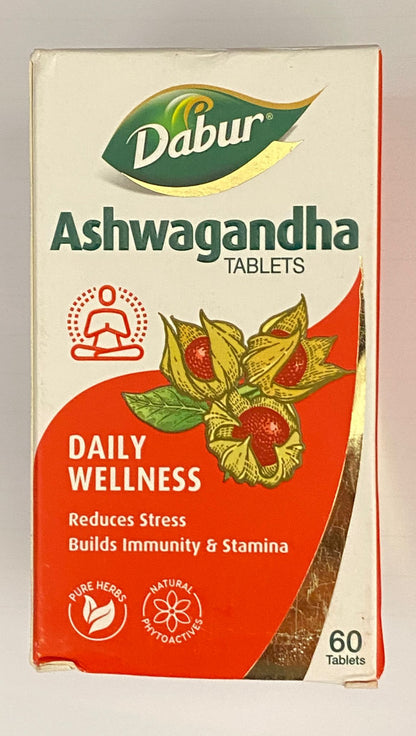 Dabur Ashwagandha Tablets on a light gray background