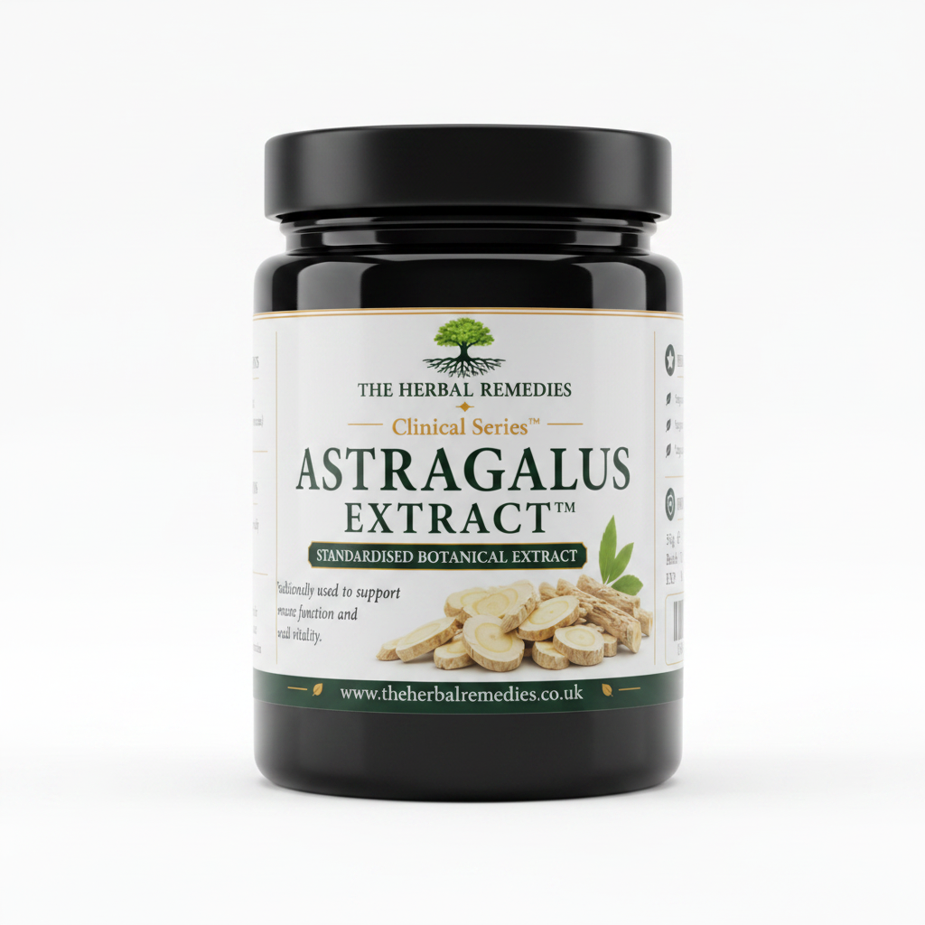 Two labels of Astragalus Extract from The Herbal Remedies with product details and benefits.