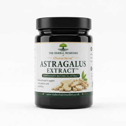 Two labels of Astragalus Extract from The Herbal Remedies with product details and benefits.