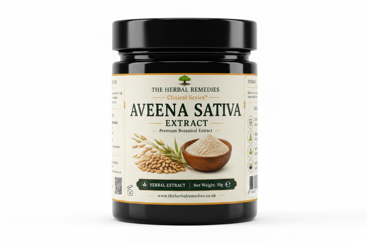 Label of Aveena Sativa Extract from The Herbal Remedies Clinical Series with text and images of the product.