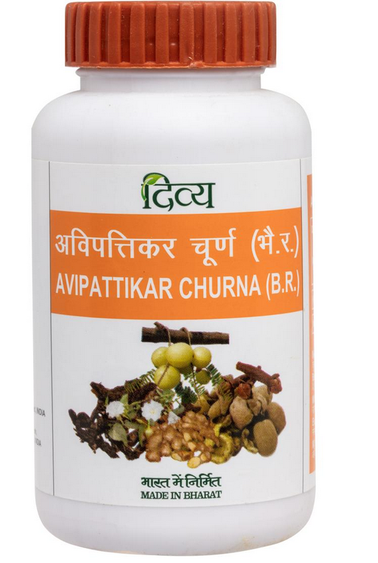 Bottle of Divya Avipattikar Churna with price on a website background