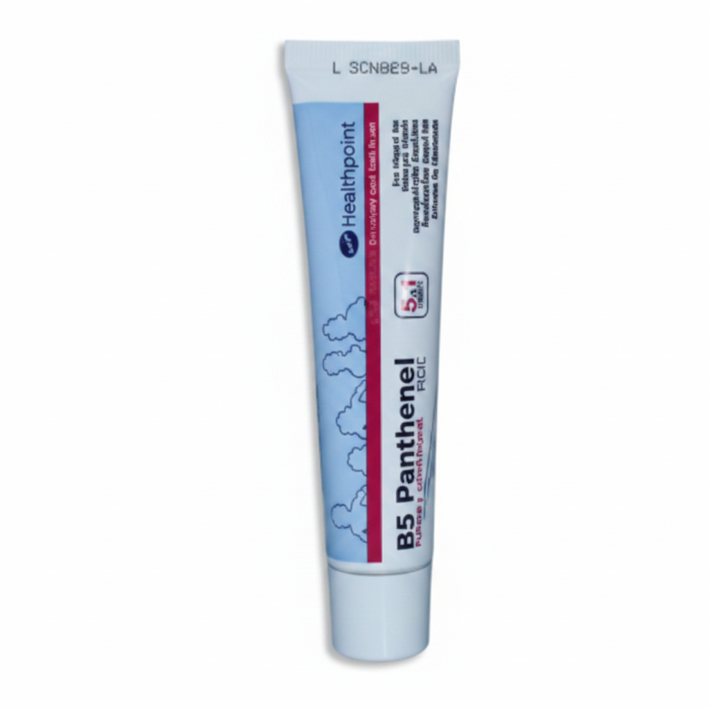 A tube and box of RS Panthenolo skin care product, featuring white packaging with pink and blue accents on a white background.