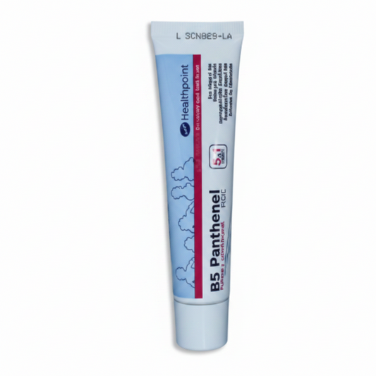 A tube and box of RS Panthenolo skin care product, featuring white packaging with pink and blue accents on a white background.
