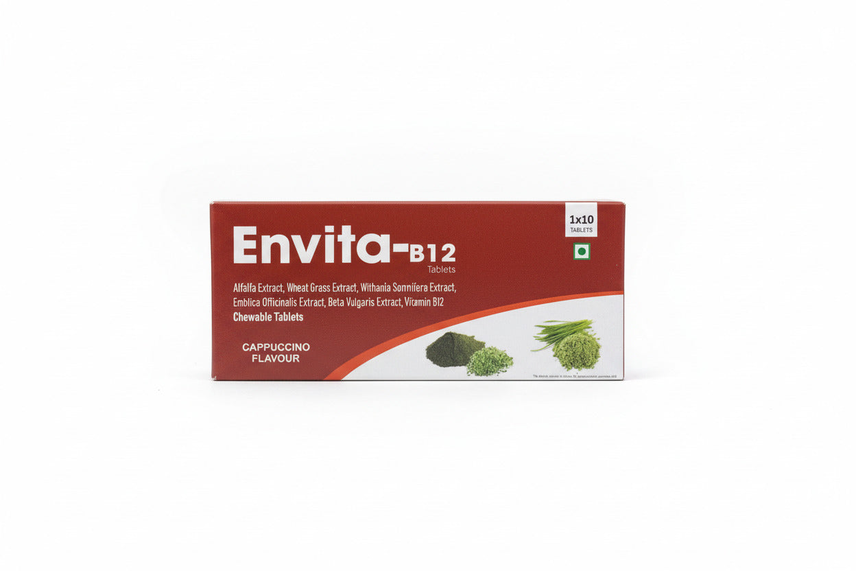 Envita-B12 supplement box on a light gray background