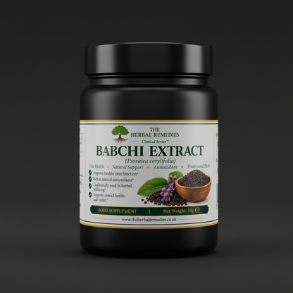 A supplement label for 'The Herbal Remedies' Babchi Extract (Portulaca olerifolia) food supplement. The label features a yellow background with black text, a barcode, a QR code, and a small illustration of fresh babchi leaves and flowers at the top right.