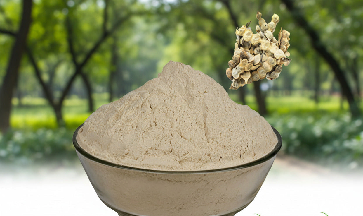 Bowl of beige powder with dried herbs on a white background, featuring Shudhi Online logo.