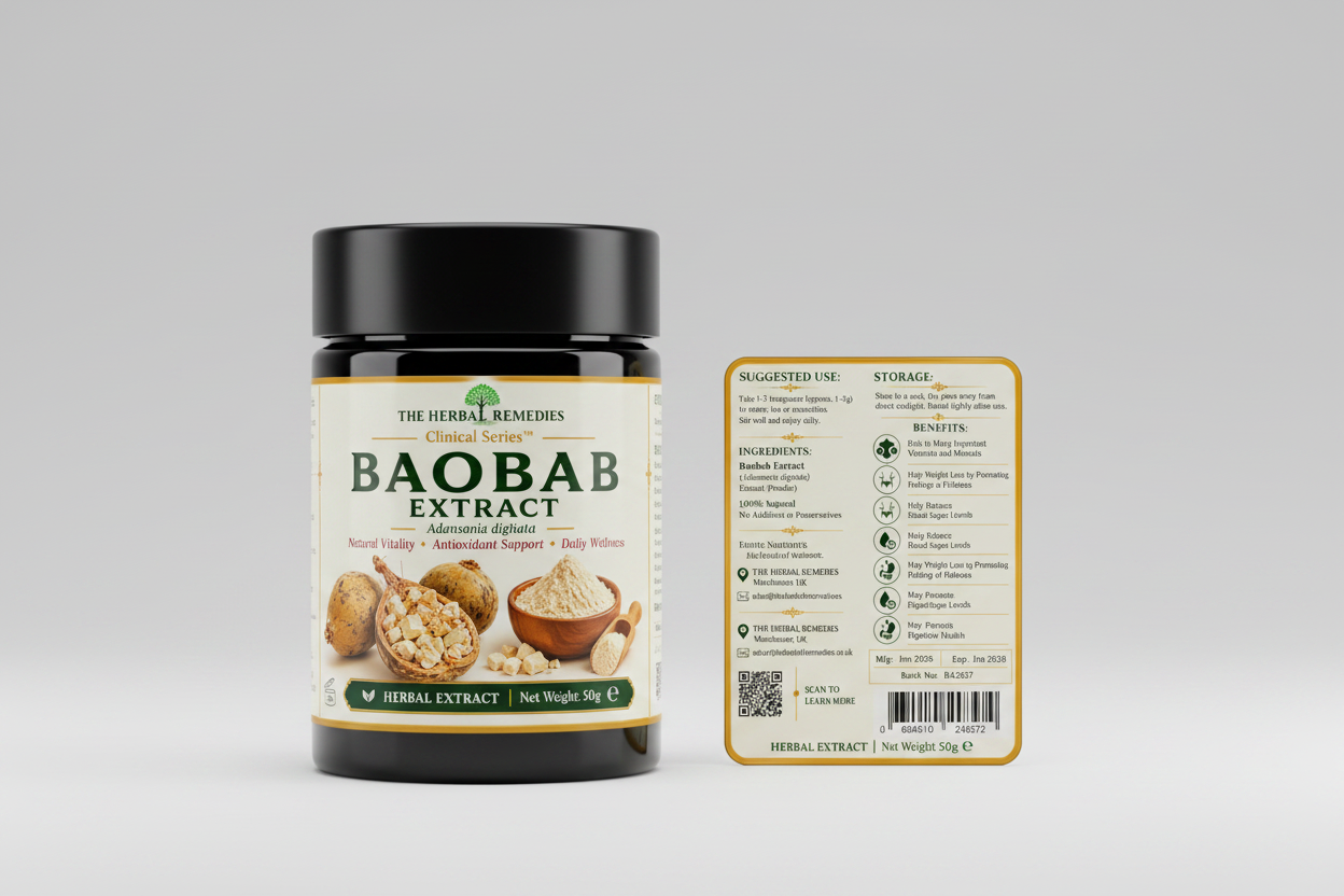 Label of Baobab Extract from The Herbal Remedies Clinical Series with images of baobab fruit and powder.