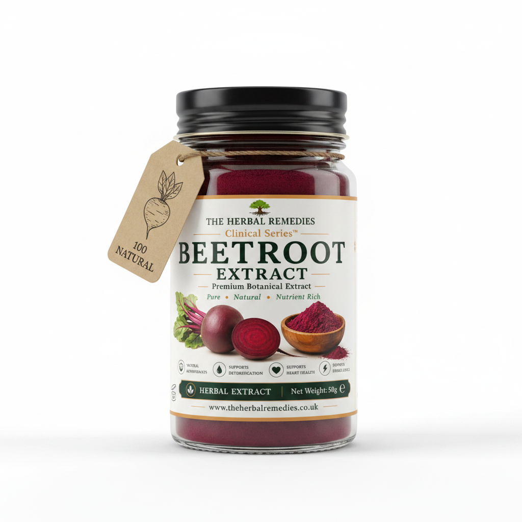 Label of Beetroot Extract from The Herbal Remedies with ingredients, storage, and benefits listed.