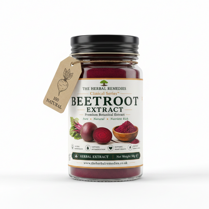 Label of Beetroot Extract from The Herbal Remedies with ingredients, storage, and benefits listed.
