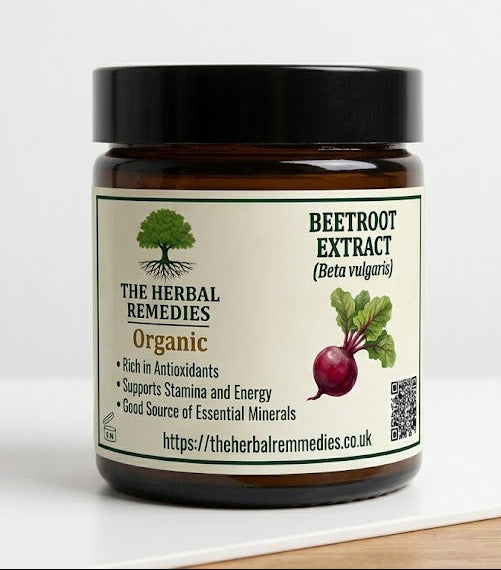 Jar of beetroot extract with label and product description card on a white background
