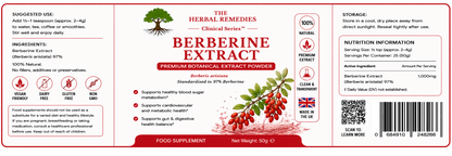 Label of Berberine Extract supplement with red berries and text on a white background