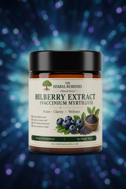 Front and back views of a Herbal Remedies Bilberry Extract (Vaccinium Myrtillus) supplement label, showing ingredients, suggested use, and barcode on a cream-colored background.