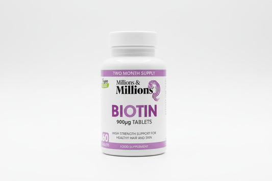 Bottle of Millions & Millions Biotin supplement on a light surface