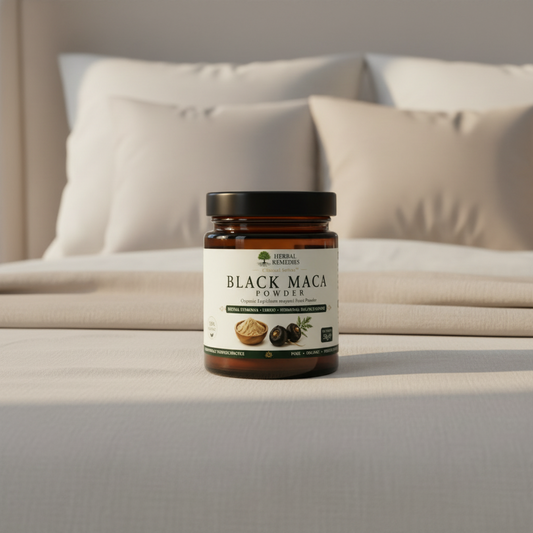 Label of Herbal Remedies Black Maca Powder with product details and images.