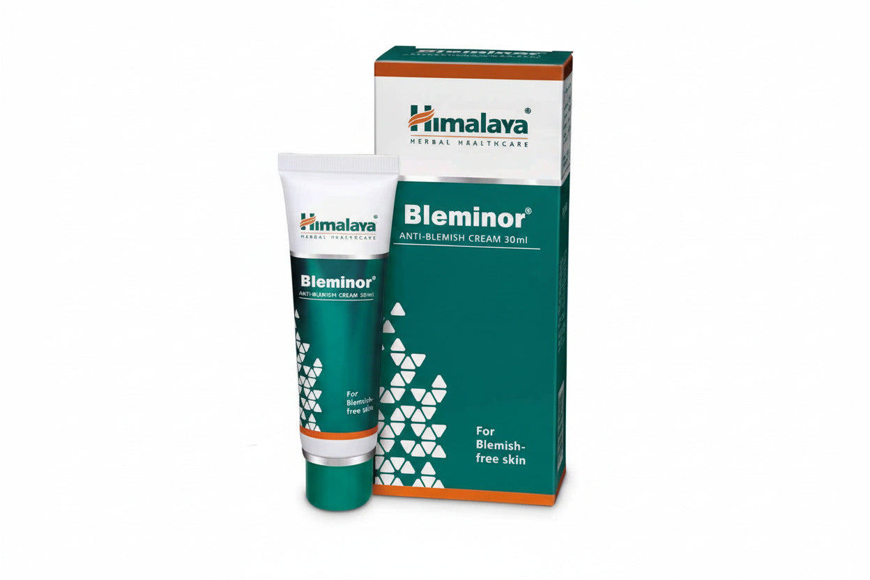 Himalaya Bleminor Anti-Blemish Cream packaging and tube, predominantly green and white with text and branding.